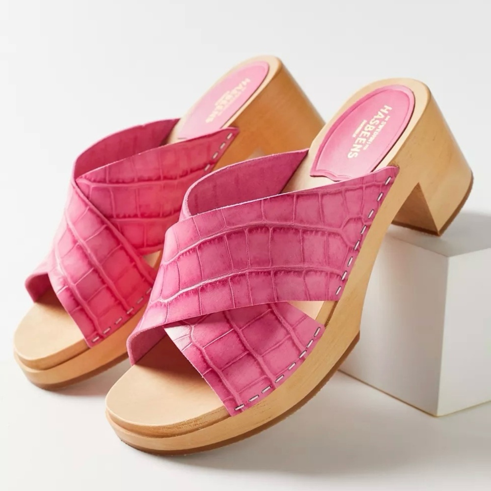 NWOB Swedish Hasbeens Anette Crisscross Leather High Clogs Pink Size 38/ US 8